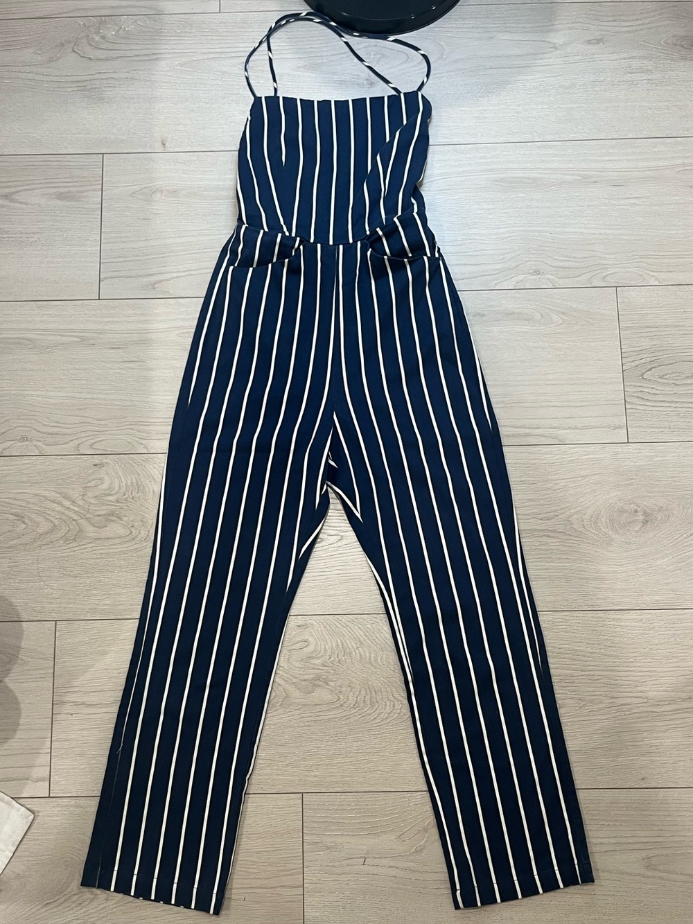 Reformation Striped Navy Blue Jumpsuit with White Pinstripes women’s size 2 - Picture 3 of 10